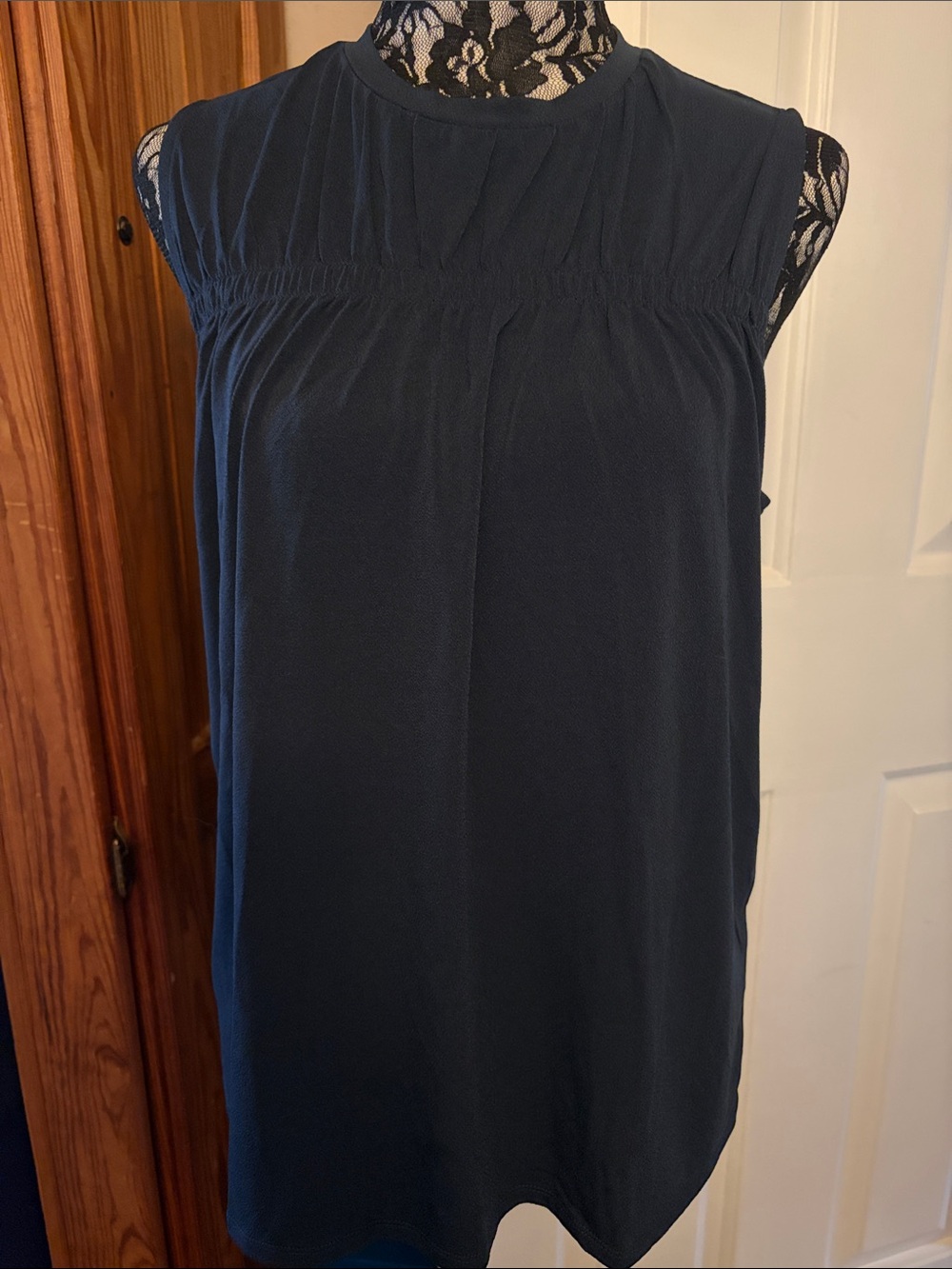 Sleeveless Navy Pleated Blouse